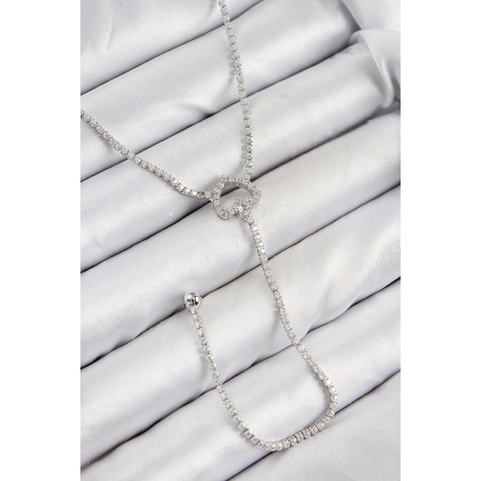 Erb Pirinç Zirkon Taşlı Kalp Model Gümüş Renk  Y Kolye