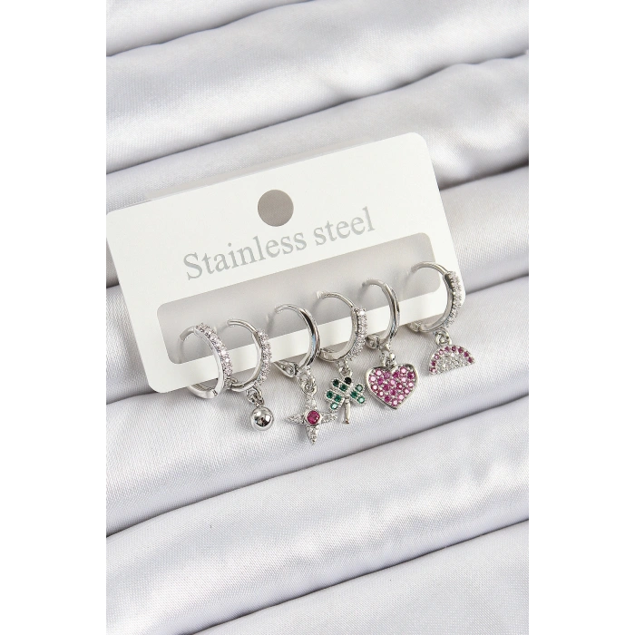 Erb Pirinç Zirkon Taşlı Karpuz Yonca Kalp Pusula Karışık Model Gümüş Renk 6'lı Set Kadın Küpe