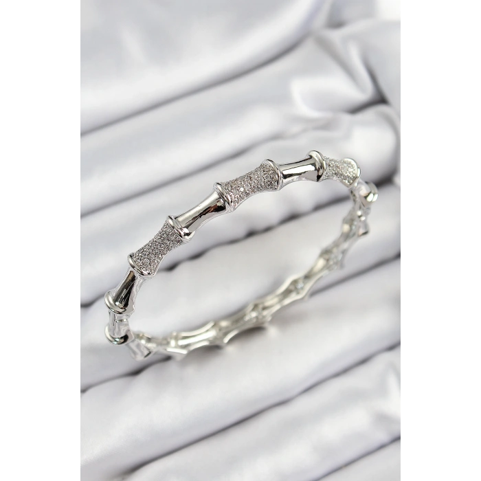 Erb Pirinç Zirkon Taşlı Kemik Model Gümüş Renk Vip Kadın Bileklik