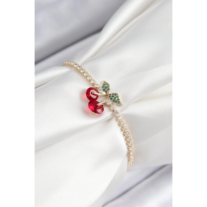 Erb Pirinç Zirkon Taşlı Kiraz Model Gold Renk Asansörlü Kadın Bileklik