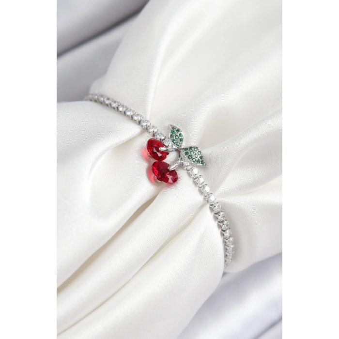 Erb Pirinç Zirkon Taşlı Kiraz Model Gümüş Renk Asansörlü Kadın Bileklik