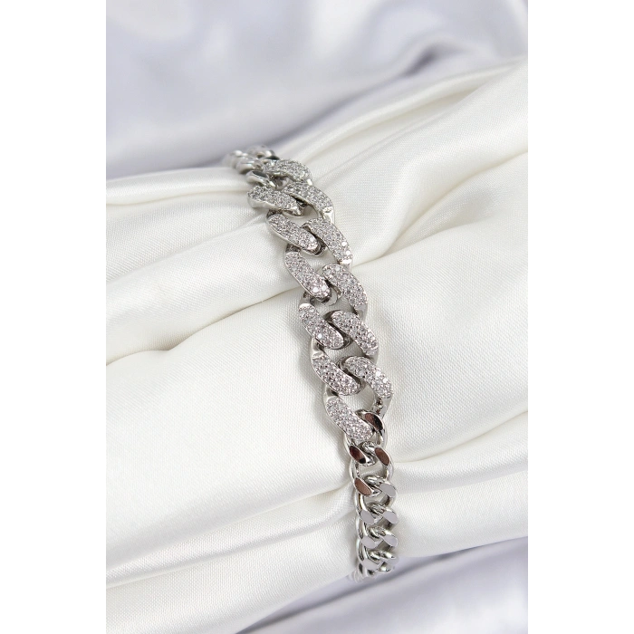 Erb Pirinç Zirkon Taşlı Küba Zincir Model Gümüş Renk Kadın Bileklik