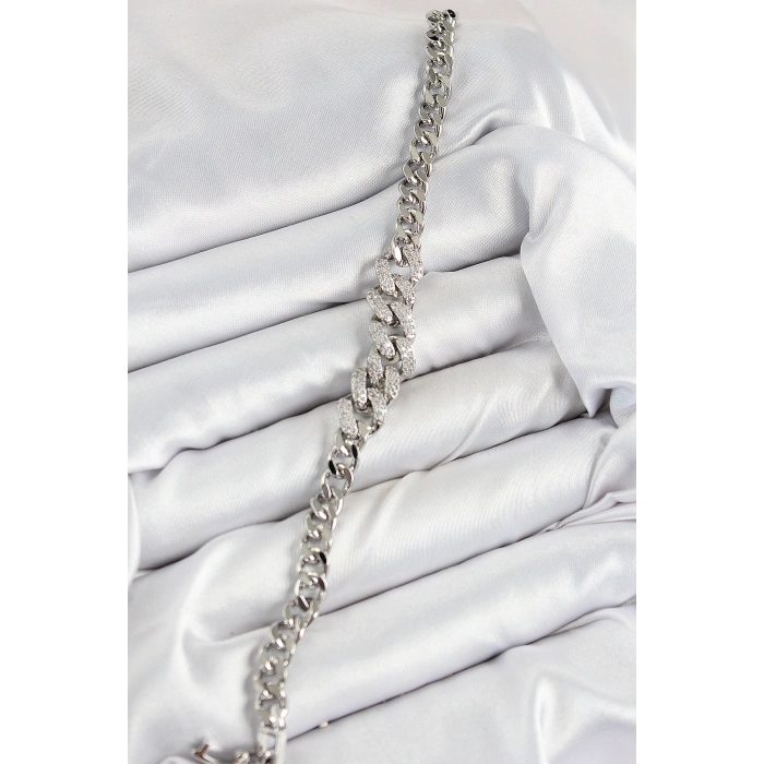 Erb Pirinç Zirkon Taşlı Küba Zincir Model Gümüş Renk Kadın Bileklik