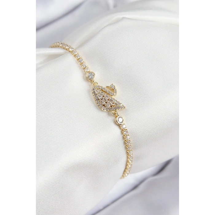 Erb Pirinç Zirkon Taşlı Kuğu Model Gold Renk Kadın Bileklik