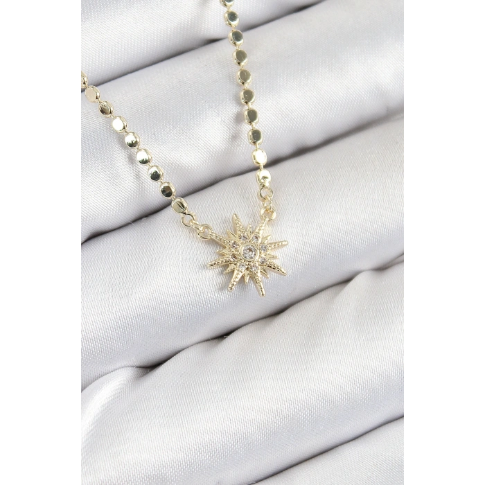 Erb Pirinç Zirkon Taşlı Kutup Yıldızı Model Ezme Zincir Gold Renk Kadın Kolye