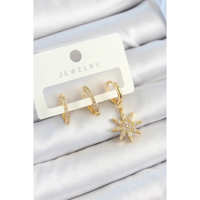 Erb Pirinç Zirkon Taşlı Kutup Yıldızı Model Gold Renk 3'lü Çift Kadın Küpe Set