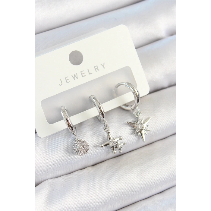 Erb Pirinç Zirkon Taşlı Kutup Yıldızı Model Gümüş Renk 3'lü Çift Kadın Küpe Set