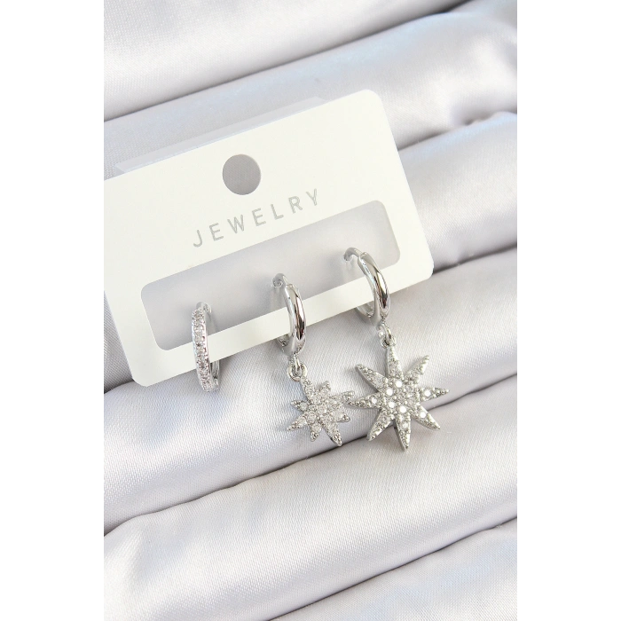 Erb Pirinç Zirkon Taşlı Kutup Yıldızı Model Gümüş Renk 3'lü Çift Kadın Küpe Set