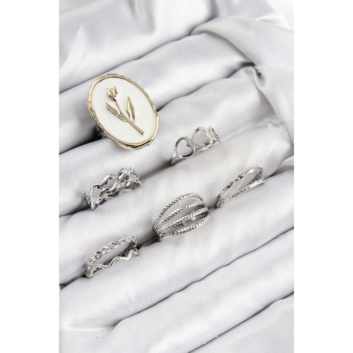 Erb Pirinç Zirkon Taşlı Lale Model Gümüş Renk Kadın Yüzük Kombin Set