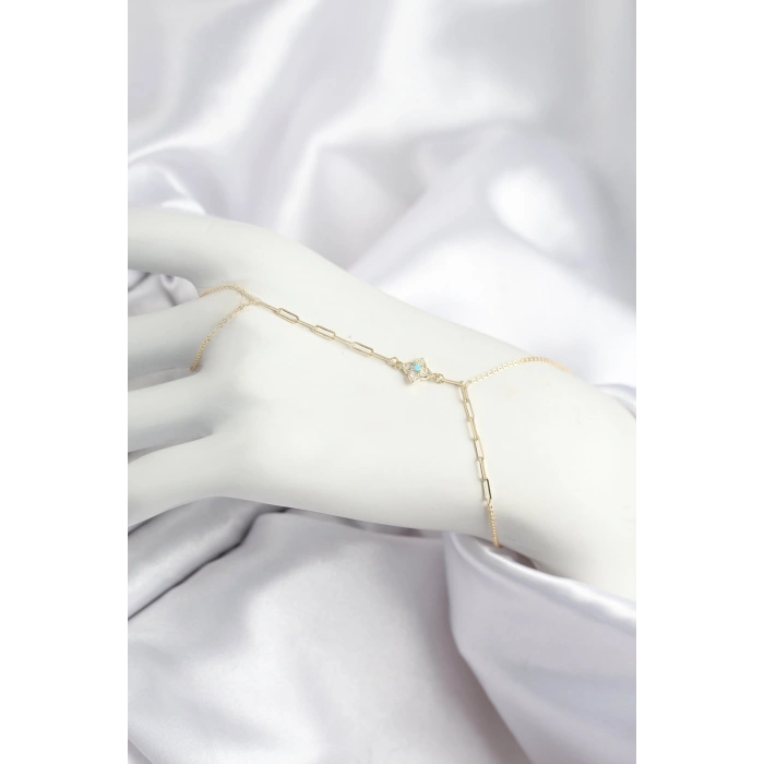 Erb Pirinç Zirkon Taşlı Mavi Boncuklu Yonca Model Gold Renk Şahmeran