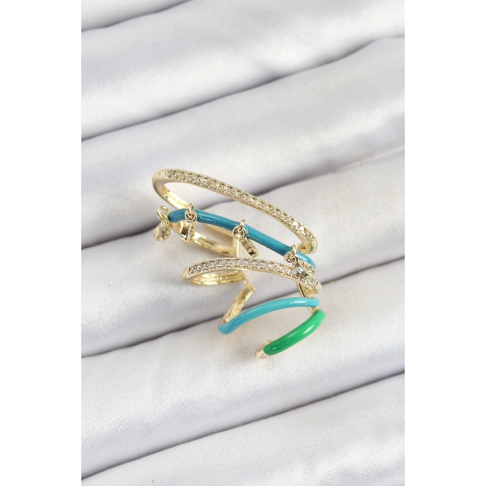 Erb Pirinç Zirkon Taşlı Mavi Yeşil Sıkıştırma Sağ Kıkırdak Gold Renk Kadın Küpe