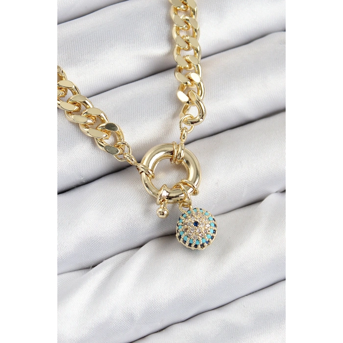 Erb Pirinç Zirkon Taşlı Nazar Boncuk Detaylı Klasik Zincir Model Gold Renk Kadın Kolye