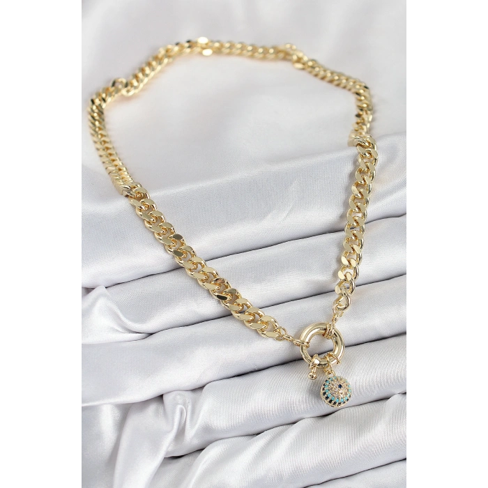 Erb Pirinç Zirkon Taşlı Nazar Boncuk Detaylı Klasik Zincir Model Gold Renk Kadın Kolye