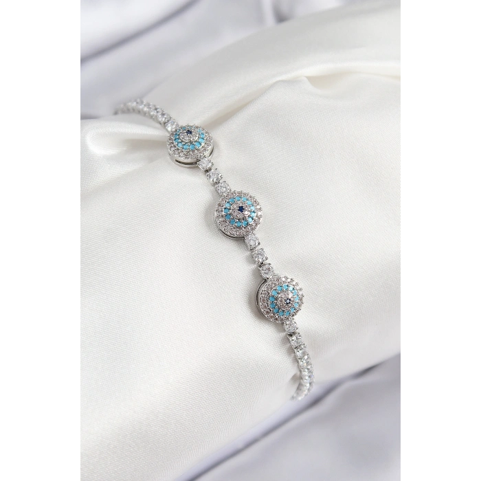 Erb Pirinç Zirkon Taşlı Nazar Model Gümüş Renk Kadın Bileklik