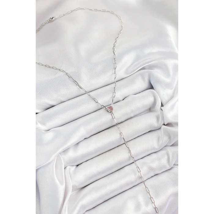 Erb Pirinç Zirkon Taşlı Pembe Kalp Figürlü Y Model Gümüş Renk Kadın Kolye