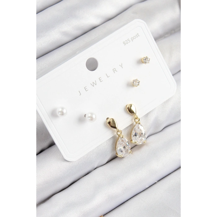 Erb Pirinç Zirkon Taşlı Sallantılı Damla Model Gold Renk 925 Ayar Gümüş Çivi Kadın Küpe Set