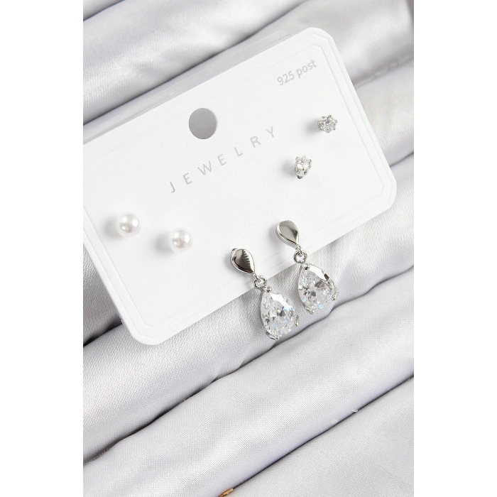 Erb Pirinç Zirkon Taşlı Sallantılı Damla Model Gümüş Renk 925 Ayar Gümüş Çivi Kadın Küpe Set