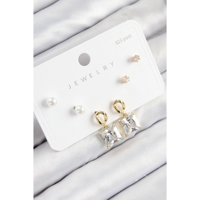 Erb Pirinç Zirkon Taşlı Sallantılı Kare Model Gold Renk 925 Ayar Gümüş Çivi Kadın Küpe Set