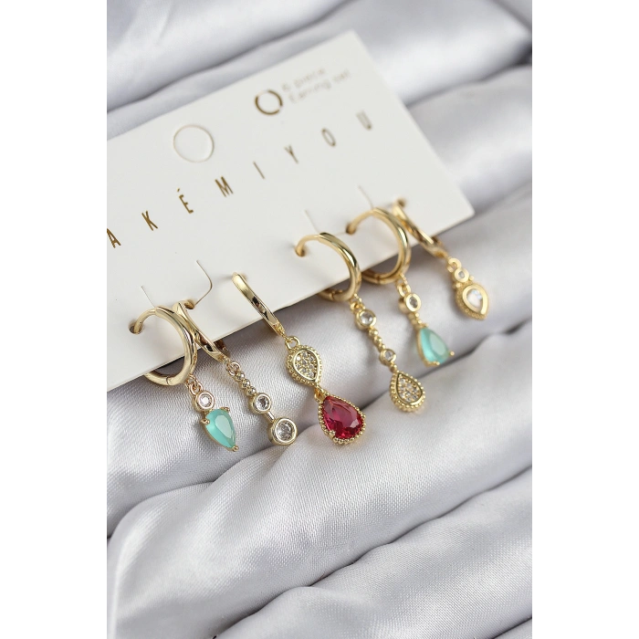 Erb Pirinç Zirkon Taşlı Sallantılı Model Gold Renk 6'lı Küpe Set