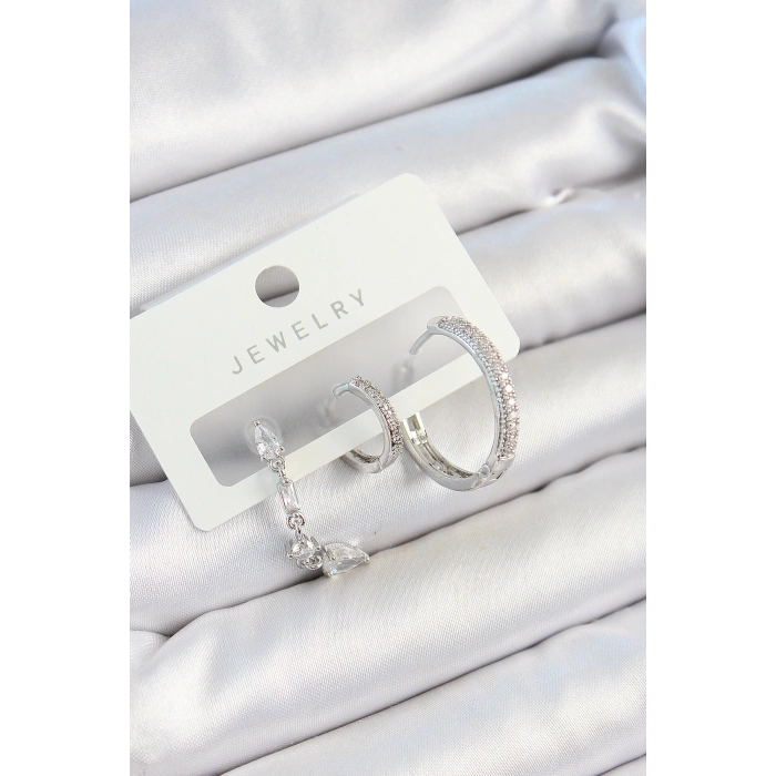 Erb Pirinç Zirkon Taşlı Sallantılı Model Gümüş Renk 3'lü Çift Kadın Küpe Set