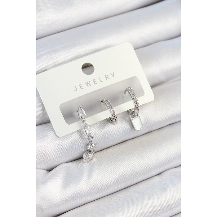 Erb Pirinç Zirkon Taşlı Sallantılı Model Gümüş Renk 3'lü Çift Kadın Küpe Set