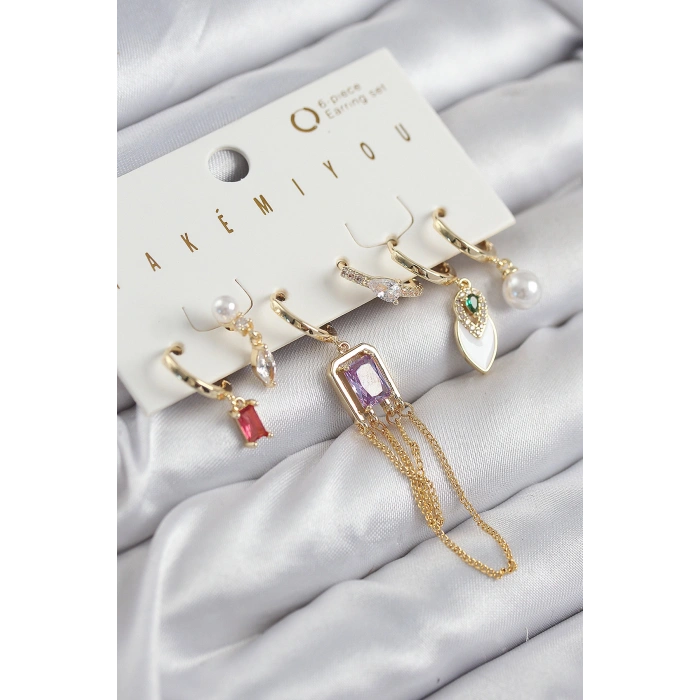 Erb Pirinç Zirkon Taşlı Sallantılı Ve İncili Gold Renk 6'lı Küpe Set