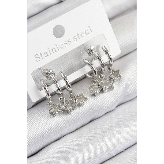 Erb Pirinç Zirkon Taşlı Sallantılı Yıldız Model Gümüş Renk Kadın Küpe