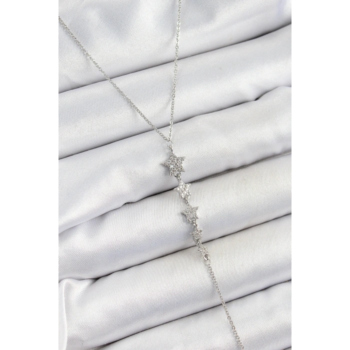 Erb Pirinç Zirkon Taşlı Sıralı Yıldız Figürlü Y Model Gümüş Renk Kadın Kolye