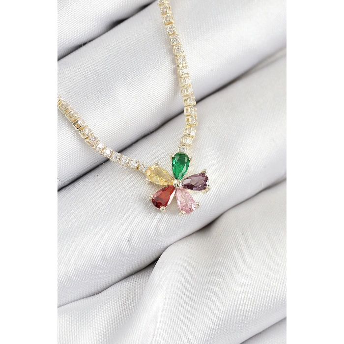 Erb Pirinç Zirkon Taşlı Su Yolu Asorti Çiçek Model Gold Renk Kadın Kolye