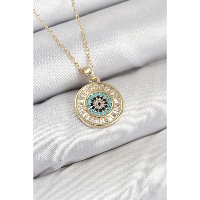 Erb Pirinç Zirkon Taşlı Su Yolu Nazar Model Gold Renk Kadın Kolye