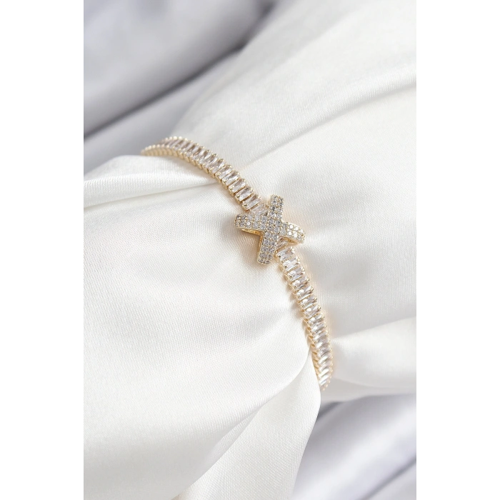 Erb Pirinç Zirkon Taşlı X Detaylı Su Yolu Model Gold Renk Asansörlü Kadın Bileklik