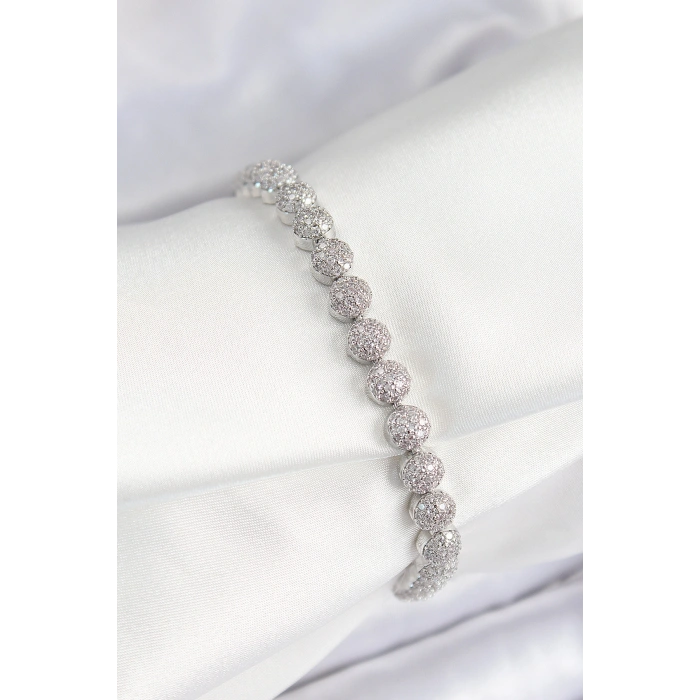 Erb Pirinç Zirkon Taşlı Yarım Topcuk Model Gümüş Renk VIP Seri Kadın Bileklik