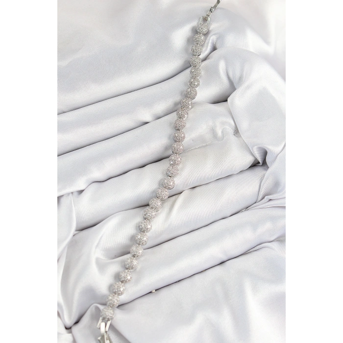 Erb Pirinç Zirkon Taşlı Yarım Topcuk Model Gümüş Renk VIP Seri Kadın Bileklik