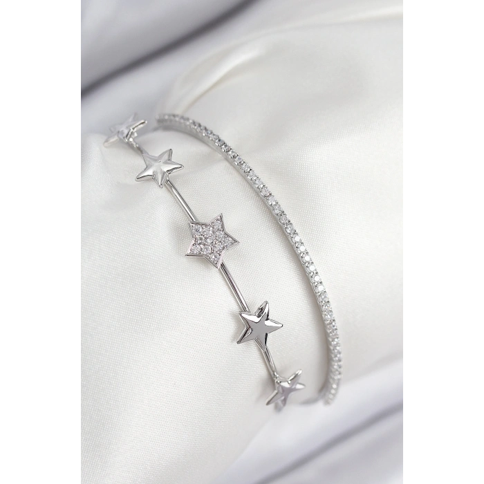 Erb Pirinç Zirkon Taşlı Yıldız Model Gümüş Renk Kadın Bileklik