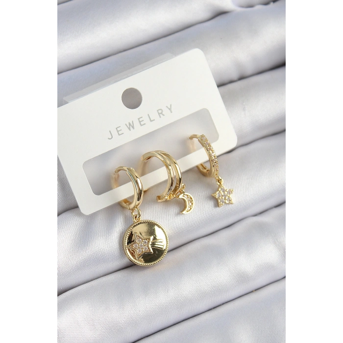 Erb Pirinç Zirkon Taşlı Yıldız Ve Ay Model Gold Renk 3'lü Çift Kadın Küpe Set