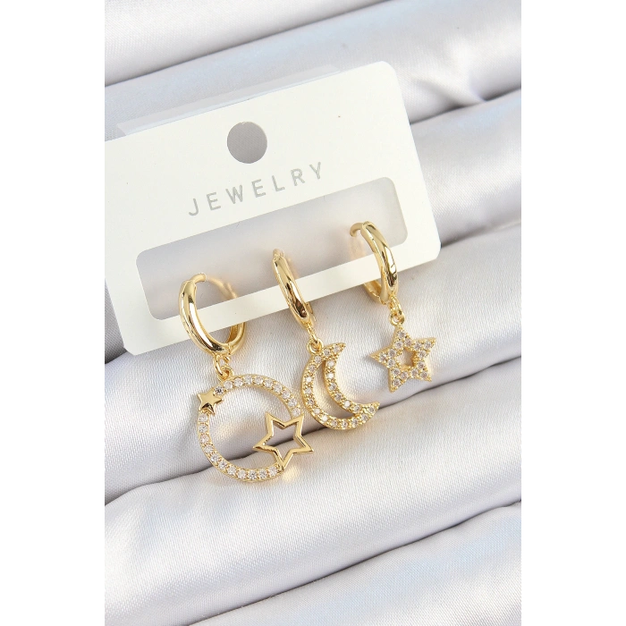 Erb Pirinç Zirkon Taşlı Yıldız Ve Ay Model Gold Renk 3'lü Kadın Küpe Set