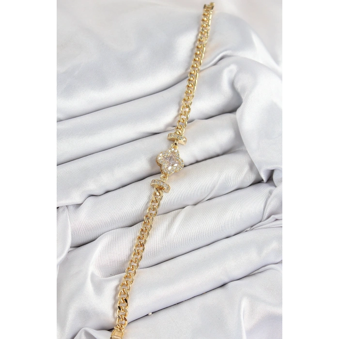 Erb Pirinç Zirkon Taşlı Yonca Model Gold Renk Kadın Bileklik