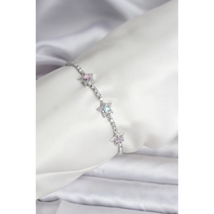 Erb Renkli Yıldız Model Zirkon Taşlı Gümüş Renk Pirinç Su Yolu Kadın Bileklik
