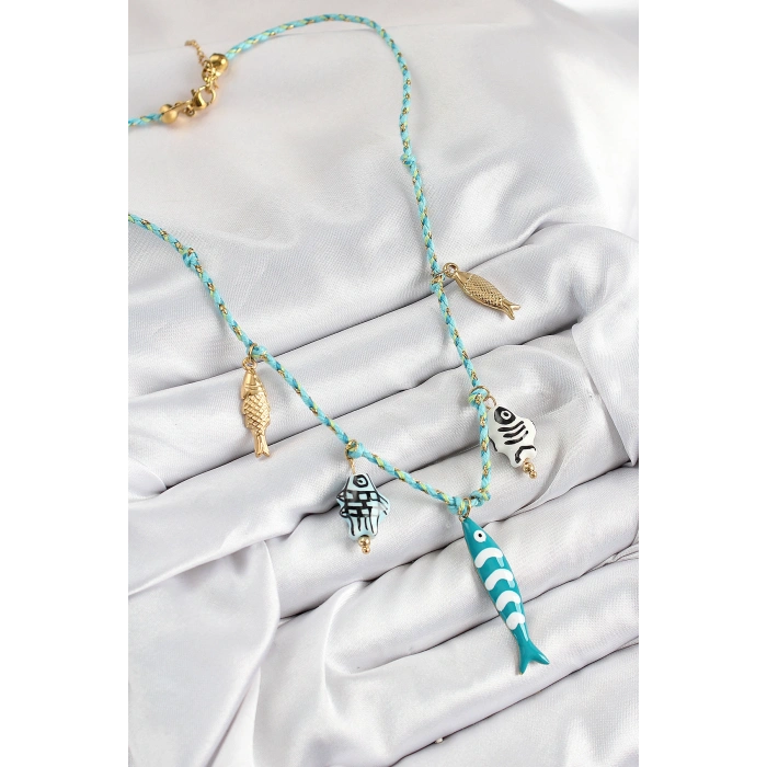 Erb Seramik Motifli Balık Figürlü Model Mavi İp Kadın Kolye