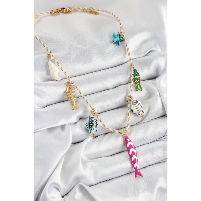 Erb Seramik Motifli Pembe Balık Figürlü Model Krem İp Kadın Kolye