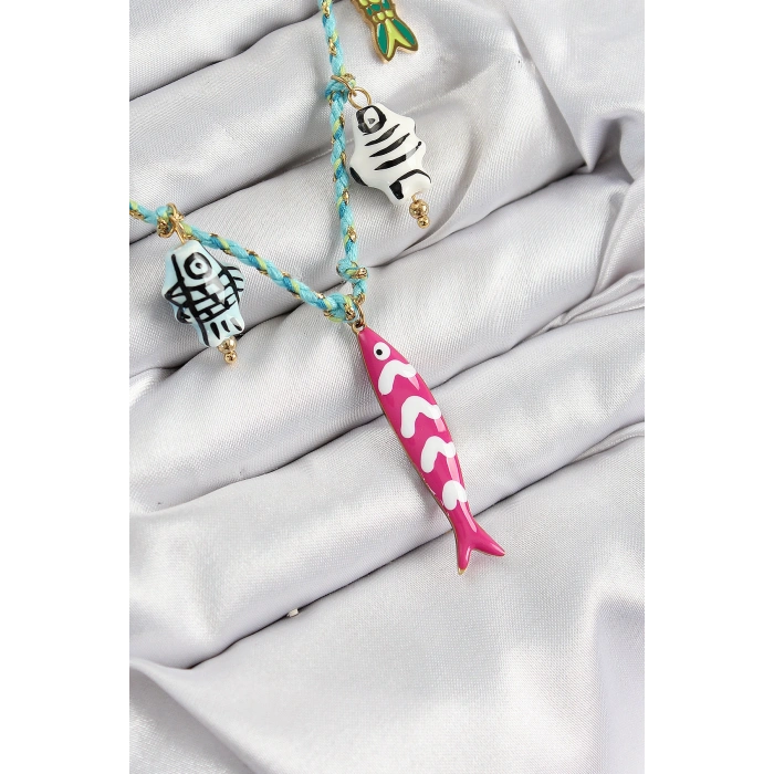 Erb Seramik Motifli Pembe Balık Figürlü Model Mavi İp Kadın Kolye