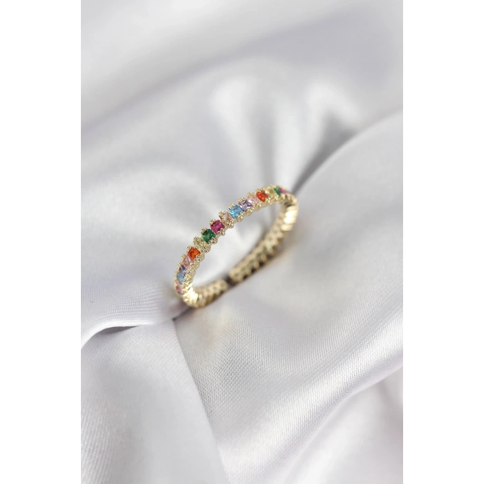 Erb Sıralı Karışık Renkli Gold Renk Zirkon Taşlı Kadın Yüzük