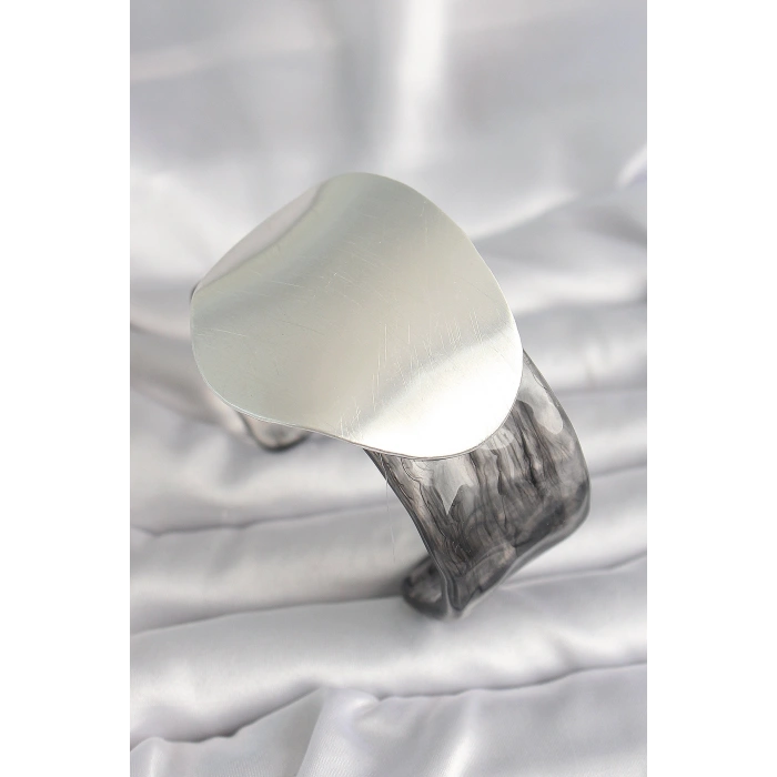 Erb Siyah Mermer Desen Akrilik Pilastik Gümüş Plaka Model Vintage Kadın Bilezik