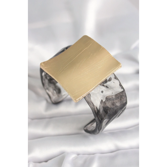 Erb Siyah Mermer Desen Akrilik Plastik Gold Kare Plaka Model Vintage Kadın Bilezik