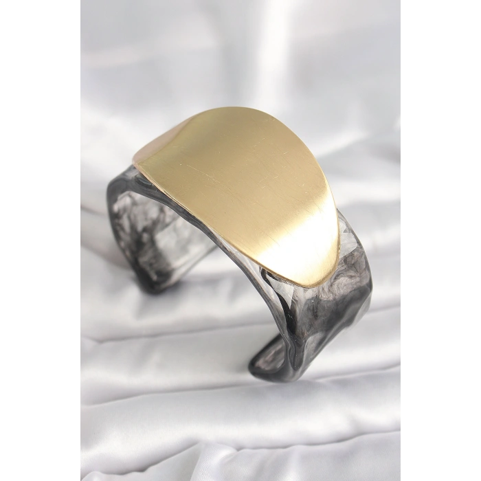 Erb Siyah Mermer Desen Akrilik Plastik Gold Oval Plaka Model Vintage Kadın Bilezik