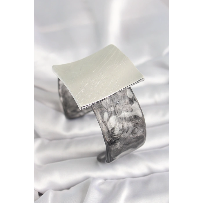 Erb Siyah Mermer Desen Akrilik Plastik Gümüş Kare Plaka Model Vintage Kadın Bilezik