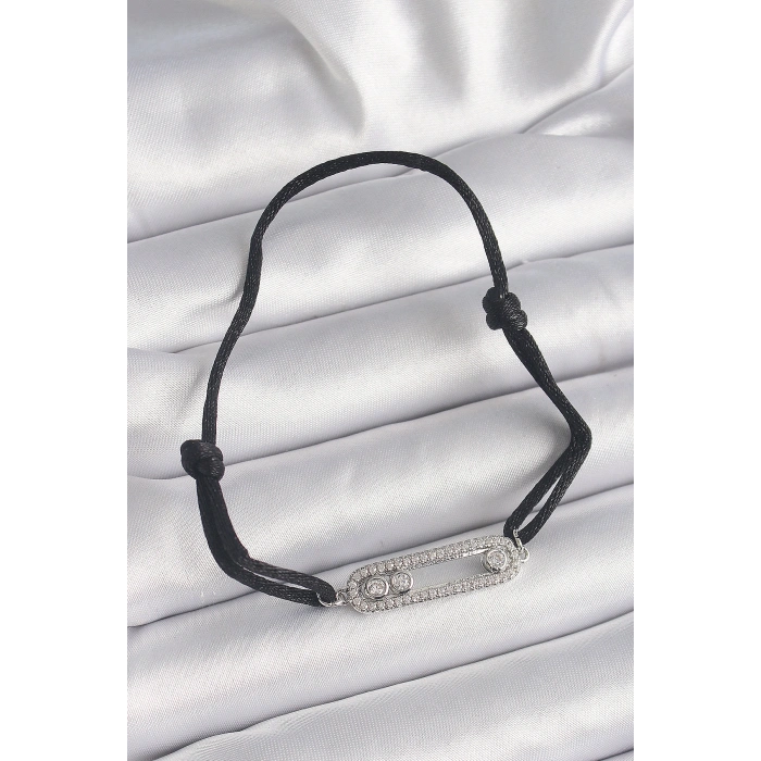 Erb Siyah Renk İpli Asansör Zirkon Taşlı Gümüş Messika Model Kadın Bileklik