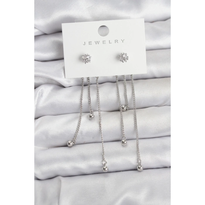 Erb Topçuk Model Gümüş Renk Pirinç Sallantılı Kadın Küpe Seti