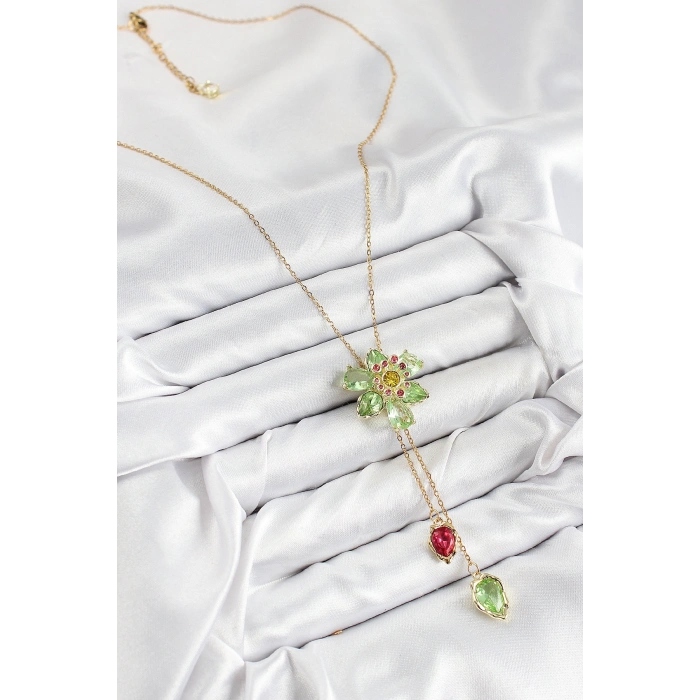 Erb VIP Pirinç Zirkon Taşlı Çiçek Model Gold Renk Asansörlü Kadın Kolye