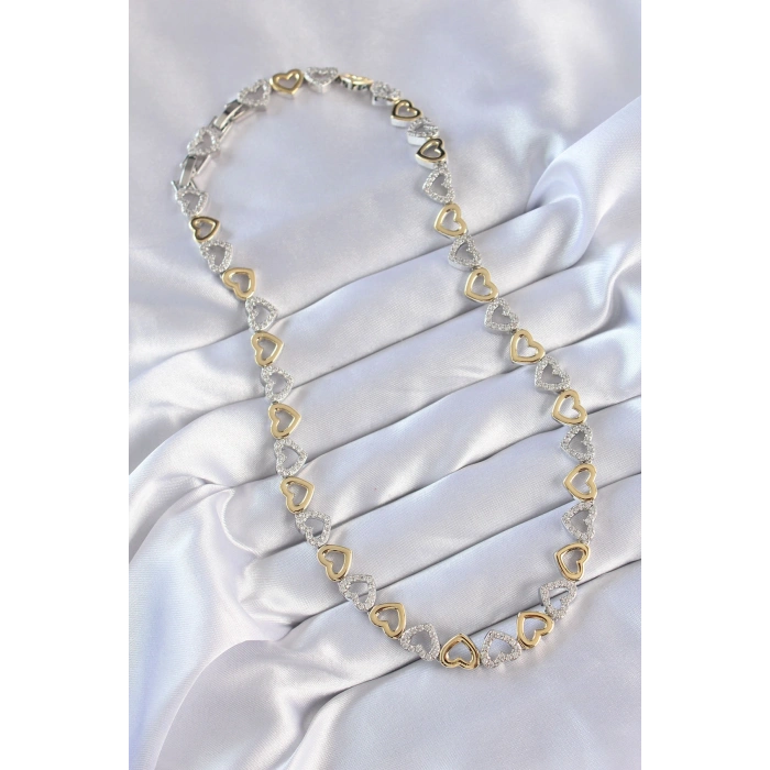 Erb Vip Seri Pirinç Çift Renk Zirkon Taşlı İçi Boş Kalp Tasarımlı Kolye